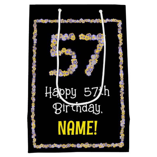 Sac Cadeau Moyen 57e anniversaire : Floral Flowers Numéro, Nom pers (Dos)