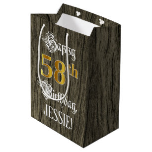 Sac Cadeau Moyen 58e Anniversaire : Aspect Or Faux & Motif Bois Fau