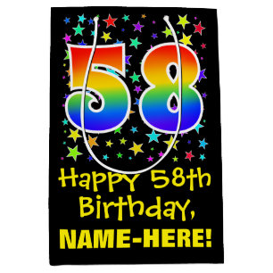 Sac Cadeau Moyen 58e anniversaire : Colorful Stars Motif & Rainbow 