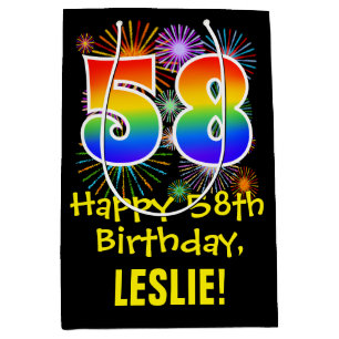 Sac Cadeau Moyen 58e anniversaire : Fun Fireworks Motif + Rainbow 5