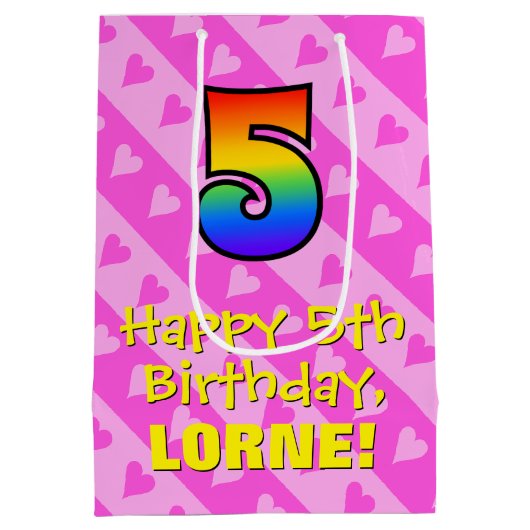 Sac Cadeau Moyen 5e anniversaire : Amusants Coeurs roses Stripes & (Dos)