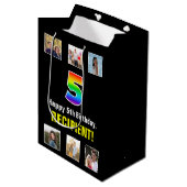 Sac Cadeau Moyen 5e anniversaire : Arc-en-ciel "5", photos et nom p (Devant Angle)