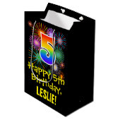Sac Cadeau Moyen 5e anniversaire : Fun Motif Fireworks + Rainbow 5 (Devant Angle)