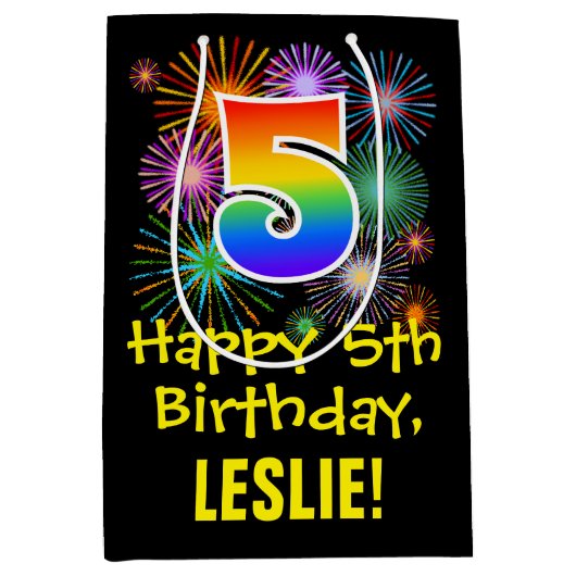 Sac Cadeau Moyen 5e anniversaire : Fun Motif Fireworks + Rainbow 5 (Devant)