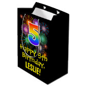 Sac Cadeau Moyen 5e anniversaire : Fun Motif Fireworks + Rainbow 5 (Dos Angle)