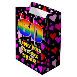 Sac Cadeau Moyen 60e anniversaire : Amour Hearts Motif, Arc-en-ciel