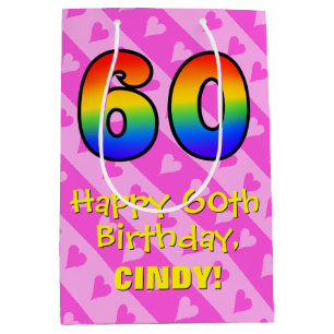 Sac Cadeau Moyen 60e anniversaire : Amusants Coeurs roses Stripes; 