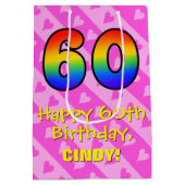 Sac Cadeau Moyen 60e anniversaire : Amusants Coeurs roses Stripes;  (Dos)