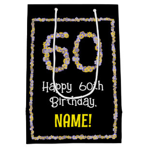Sac Cadeau Moyen 60e anniversaire : Floral Flowers Numéro, Nom pers
