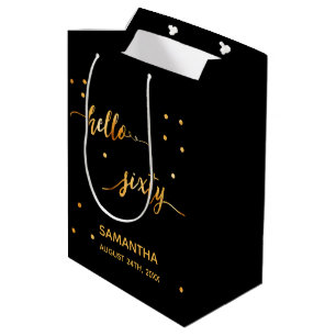 Sac Cadeau Moyen 60e anniversaire or noir bonjour 60