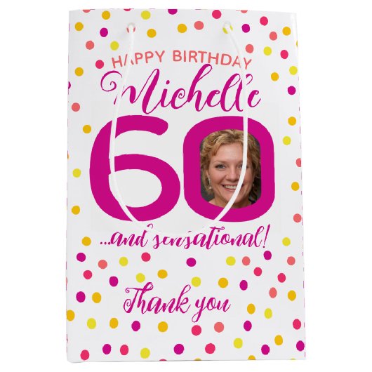 Sac Cadeau Moyen 60e anniversaire point rose jaune merci faveur (Devant)