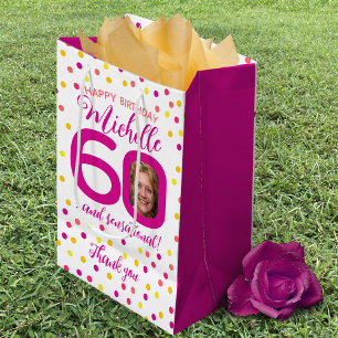 Sac Cadeau Moyen 60e anniversaire point rose jaune merci faveur