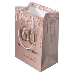 Sac Cadeau Moyen 60e anniversaire rose or parties scintillant rose