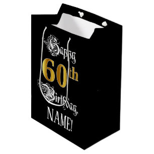 Sac Cadeau Moyen 60e anniversaire ~ Script fantaisiste; Faux Gold L