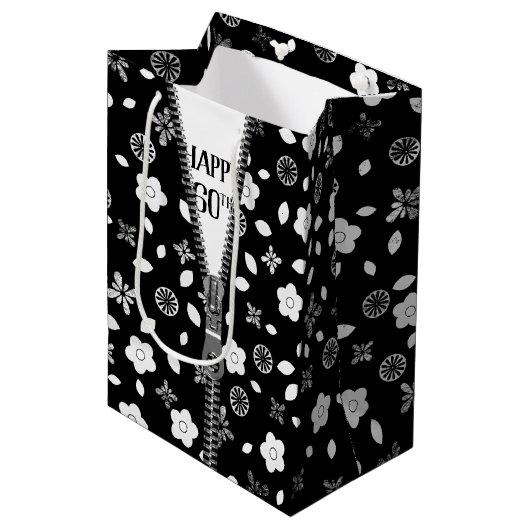 Sac Cadeau Moyen 60e anniversaire Zipper On Flowers (Devant Angle)