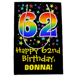 Sac Cadeau Moyen 62e anniversaire : Colorful Stars Motif & Rainbow 