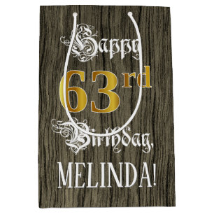 Sac Cadeau Moyen 63e anniversaire : Faux Gold Look & Faux Wood Moti