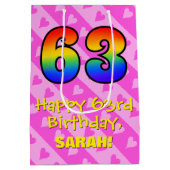 Sac Cadeau Moyen 63e anniversaire : Fun Pink Hearts Stripes; Rainbo (Dos)