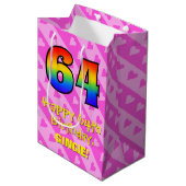 Sac Cadeau Moyen 64e anniversaire : Amusants Coeurs roses Stripes;  (Devant Angle)
