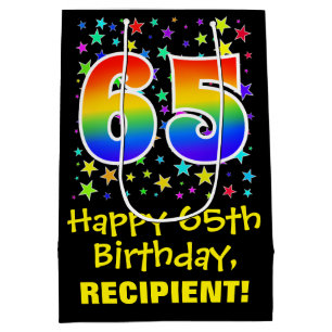 Sac Cadeau Moyen 65e anniversaire : Colorful Stars Motif & Rainbow 