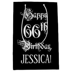 Sac Cadeau Moyen 66e anniversaire : fantaisie, élégant script + Nom
