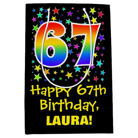 Sac Cadeau Moyen 67e anniversaire : Colorful Stars Motif & Rainbow (Devant)