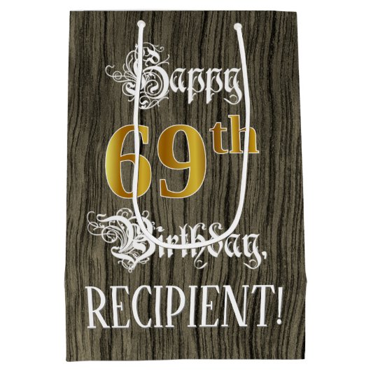 Sac Cadeau Moyen 69e anniversaire : Faux Gold Look & Faux Wood Moti (Dos)