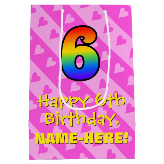 Sac Cadeau Moyen 6e anniversaire : Amusants Coeurs roses Stripes & (Dos)