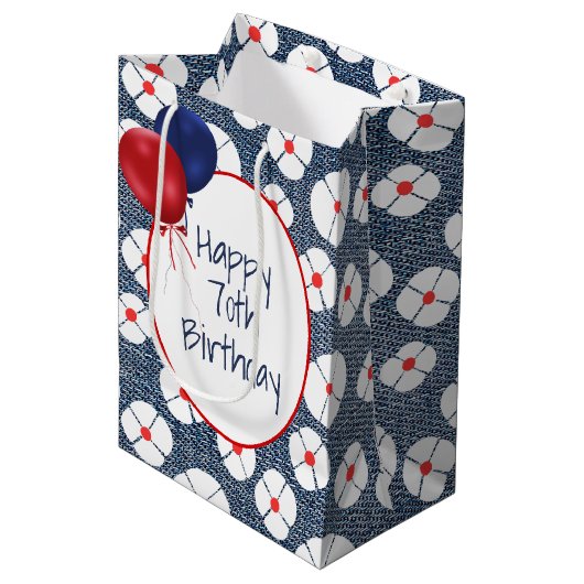 Sac Cadeau Moyen 70e anniversaire Ballons sur Denim floral (Devant Angle)