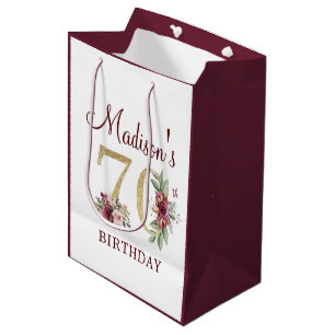 Sac Cadeau Moyen 70e anniversaire Bourgogne Gold Floral personnalis