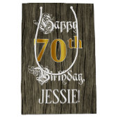 Sac Cadeau Moyen 70e anniversaire : Faux Gold Look & Faux Wood Moti (Devant)