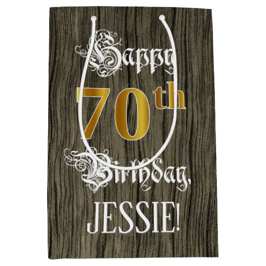 Sac Cadeau Moyen 70e anniversaire : Faux Gold Look & Faux Wood Moti (Devant)