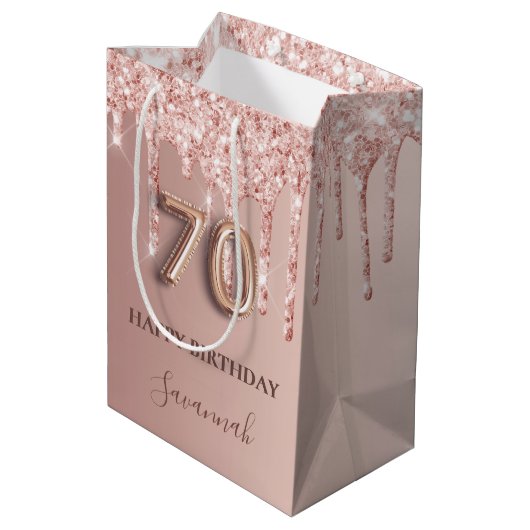 Sac Cadeau Moyen 70e anniversaire rose gouttes rose or (Dos Angle)