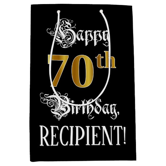 Sac Cadeau Moyen 70e anniversaire ~ Script fantaisie; Faux Gold Loo (Devant)