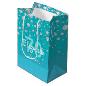 Sac Cadeau Moyen 70e anniversaire turquoise bleu vert nom diamants (Devant Angle)