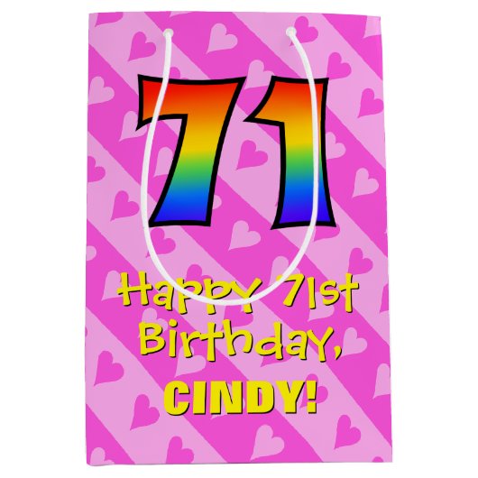 Sac Cadeau Moyen 71e anniversaire : Amusants Coeurs roses Stripes;  (Devant)