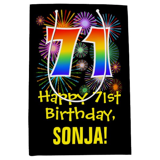 Sac Cadeau Moyen 71e anniversaire : Fun Motif Fireworks + Rainbow 7 (Devant)