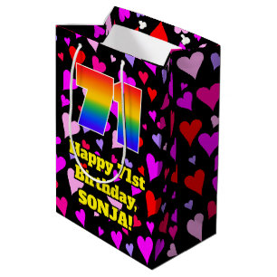 Sac Cadeau Moyen 71e Anniversaire : Motif de cœurs aimants, Arc-en-