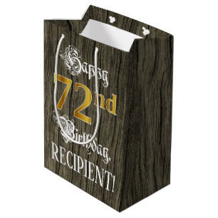 Sac Cadeau Moyen 72e anniversaire : Faux Gold Look & Faux Wood Moti