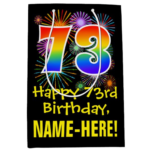 Sac Cadeau Moyen 73e anniversaire : Fun Fireworks Motif + Rainbow 7 (Devant)