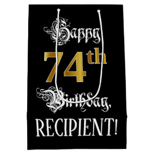 Sac Cadeau Moyen 74e anniversaire ~ Script fantaisie; Faux Gold Loo