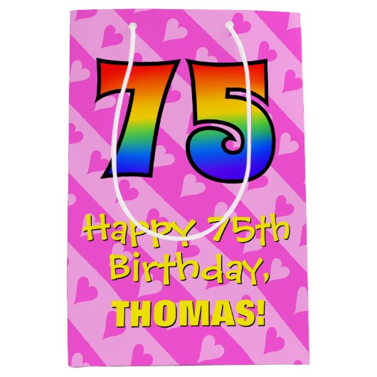 Sac Cadeau Moyen 75e anniversaire : Amusants Coeurs roses Stripes; (Devant)