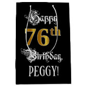 Sac Cadeau Moyen 76e anniversaire ~ Script fantaisie; Faux Gold Loo (Devant)
