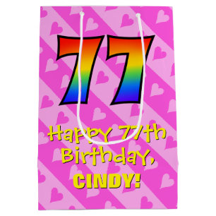 Sac Cadeau Moyen 77e anniversaire : Amusants Coeurs roses Stripes;