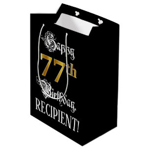 Sac Cadeau Moyen 77e anniversaire ~ Script fantaisie; Faux Gold Loo
