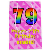 Sac Cadeau Moyen 79e anniversaire : Amusants Coeurs roses Stripes;  (Devant)