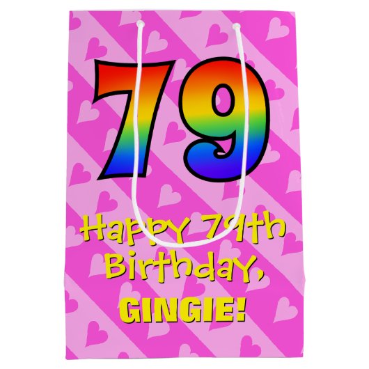 Sac Cadeau Moyen 79e anniversaire : Amusants Coeurs roses Stripes;  (Dos)