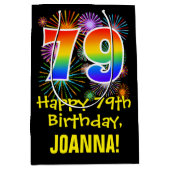 Sac Cadeau Moyen 79e anniversaire : Fun Fireworks Motif + Rainbow 7 (Devant)