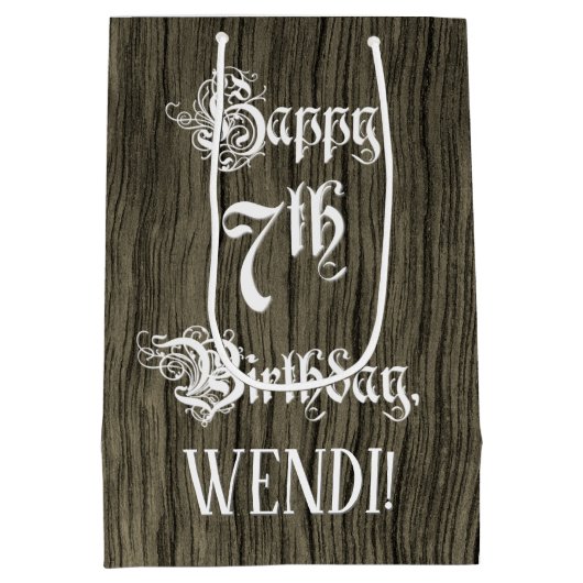Sac Cadeau Moyen 7e anniversaire : Fancy, Faux Wood Look + Custom N (Dos)