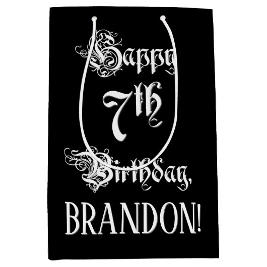 Sac Cadeau Moyen 7e anniversaire : fantaisie, élégant script + Nom  (Devant)